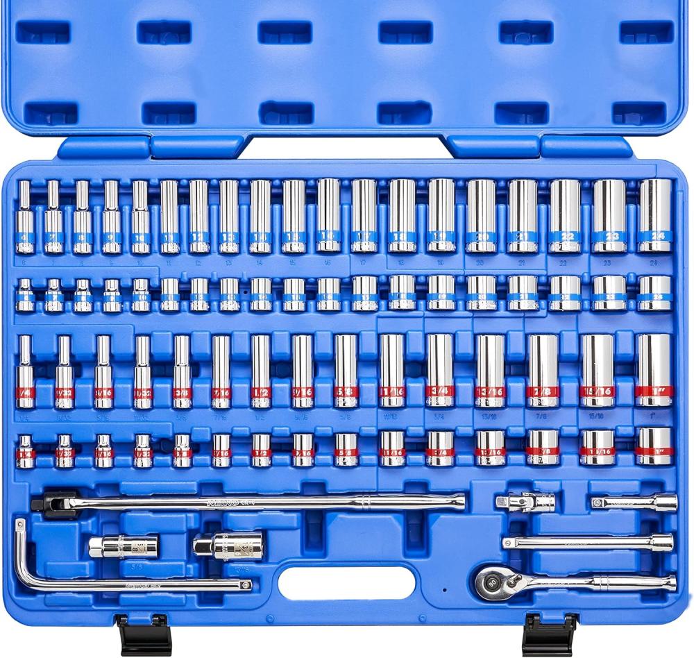 02472A Clé à cliquet de 3/8 pouces avec outils mécaniques colorés, ensemble de douilles, 76 pièces, tailles SAE standard et profondes de 1/4" à 1", tailles métriques de 6 mm à 24 mm, fabriqué en acier CRV pour la réparation automobile. | Couples à Douille et Jeux de Clés à Douille