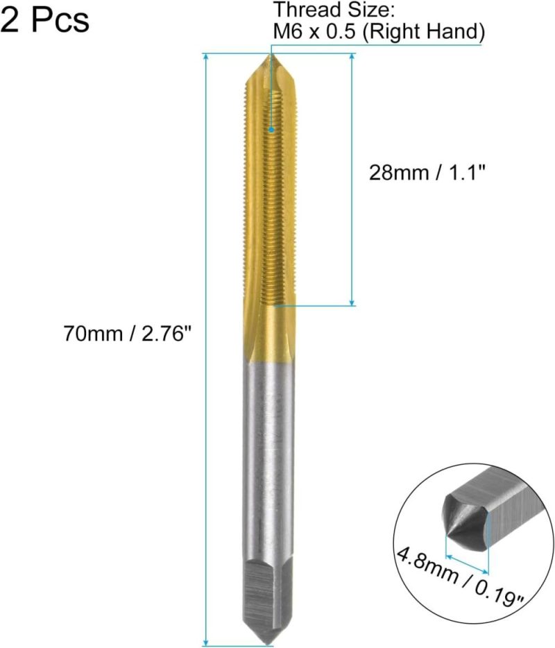 2 pièces de tarauds métriques M6 x 0,5 H2 en acier rapide revêtus de titane, tarauds droits pour machine à fraiser, outil de réparation de filetage. | Tarauds de Filetage