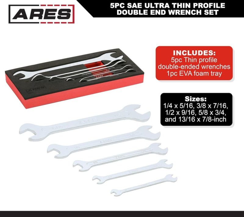 33042-Set de clés à molette à double ouverture ultra-fines en 5 pièces – Tailles 1/4-7/8 pouces – Construction en acier chrome vanadium avec finition chromée miroir – Plateau de rangement en mousse Eva | Ouvertes