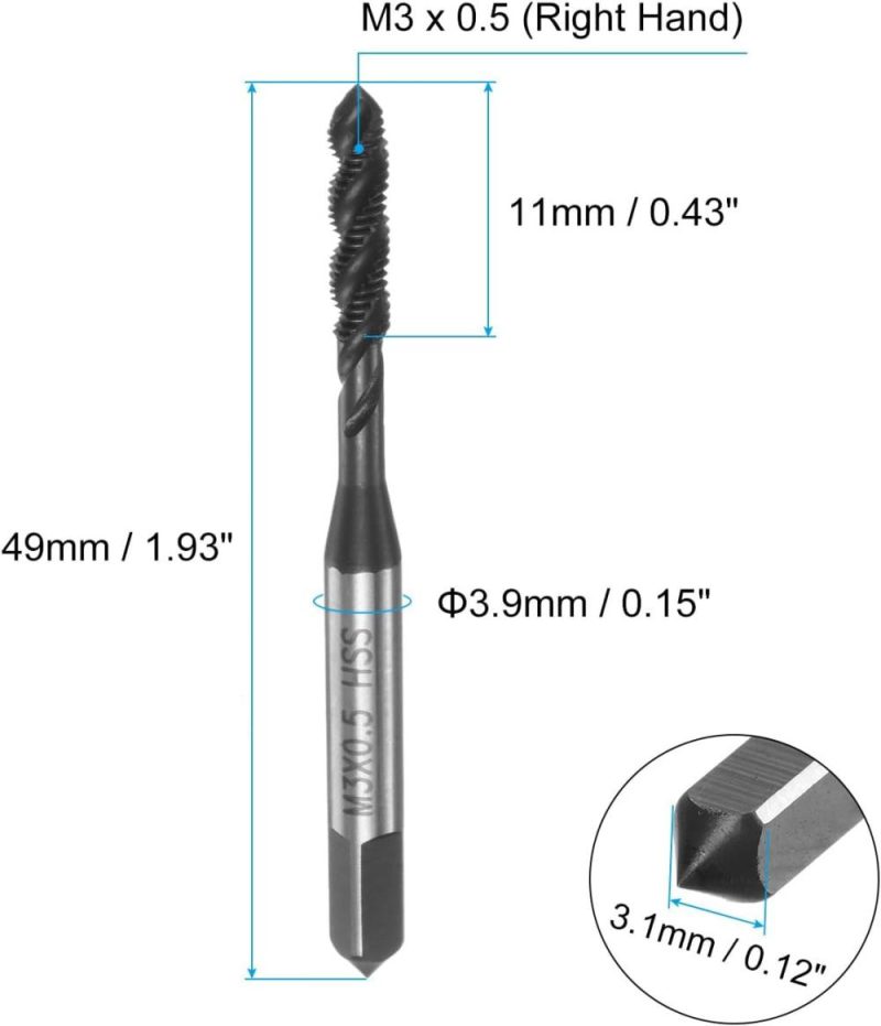 6 pièces de tarauds à spirale métriques, M3 X 0,5 H2, taraud à vis, outils de perçage en acier rapide 6542 revêtus de nitrure pour réparateurs machinistes. | Tarauds de Filetage