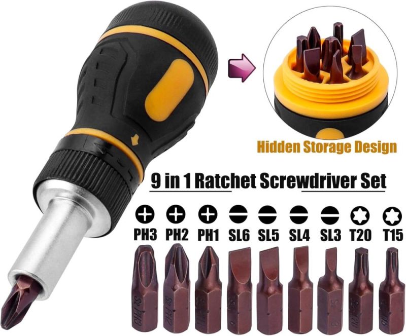 9 en 1 Outil de Tournevis Multi-Ratchet Tout-en-Un, Petit Tournevis à Cliquet avec Embouts Phillips, Torx et Fente, Outil de Réparation à Tournevis Multi-Embouts Court | Verseurs à Embouts Multiples