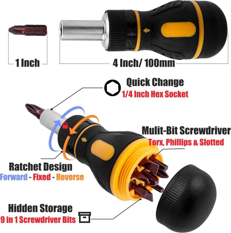 9 en 1 Outil de Tournevis Multi-Ratchet Tout-en-Un, Petit Tournevis à Cliquet avec Embouts Phillips, Torx et Fente, Outil de Réparation à Tournevis Multi-Embouts Court | Verseurs à Embouts Multiples