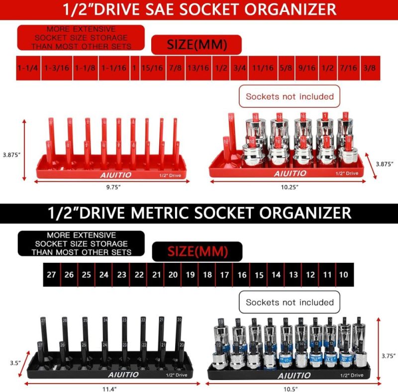 Aiuitio Ensemble de plateau organisateur de douilles métriques et SAE de 8 pièces, supports de douilles standard et profondes de 1/4 pouce, 3/8 pouce et 1/2 pouce pour boîtes à outils, stocke 176 douilles. | Couples à Douille et Jeux de Clés à Douille