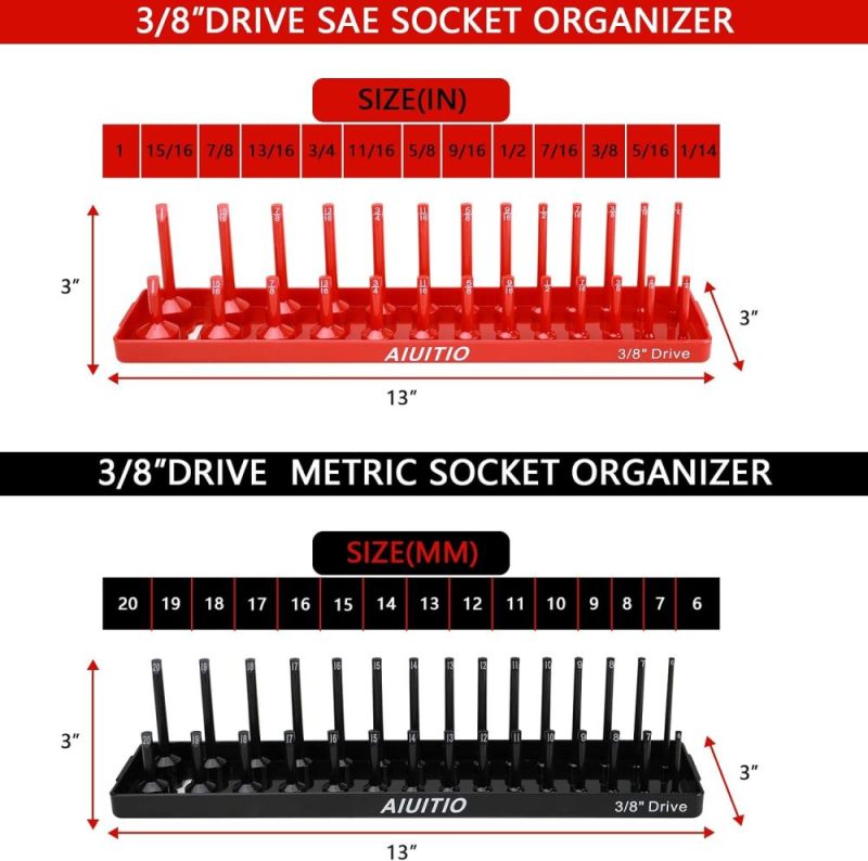 Aiuitio Ensemble de plateau organisateur de douilles métriques et SAE de 8 pièces, supports de douilles standard et profondes de 1/4 pouce, 3/8 pouce et 1/2 pouce pour boîtes à outils, stocke 176 douilles. | Couples à Douille et Jeux de Clés à Douille