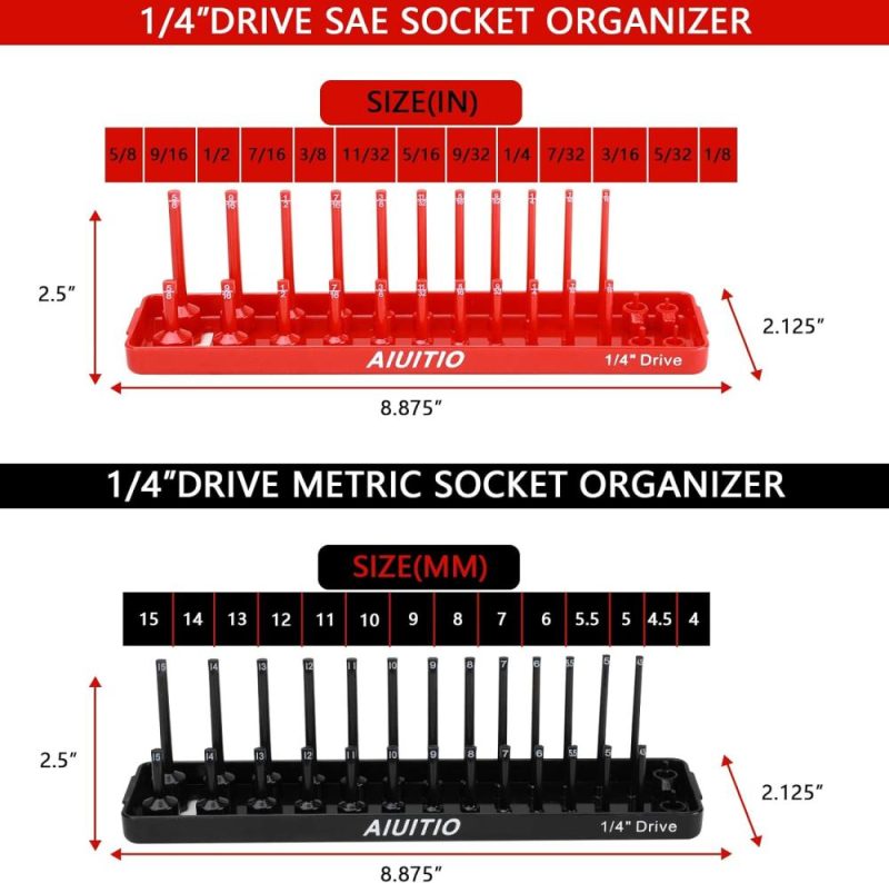 Aiuitio Ensemble de plateau organisateur de douilles métriques et SAE de 8 pièces, supports de douilles standard et profondes de 1/4 pouce, 3/8 pouce et 1/2 pouce pour boîtes à outils, stocke 176 douilles. | Couples à Douille et Jeux de Clés à Douille