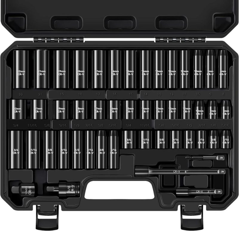 Aloanes 49 Pc Ensemble de douilles à choc 3/8 pouces, 6 points, SAE (5/16"-3/4") et métrique (8 mm-22 mm), profondes et standards, barres d’extension, adaptateur de perceuse, joint universel, réducteur 1/2" F à 3/8" M. | Couples à Douille et Jeux de Clés à Douille