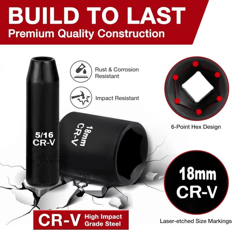 Aloanes 49 Pc Ensemble de douilles à choc 3/8 pouces, 6 points, SAE (5/16"-3/4") et métrique (8 mm-22 mm), profondes et standards, barres d’extension, adaptateur de perceuse, joint universel, réducteur 1/2" F à 3/8" M. | Couples à Douille et Jeux de Clés à Douille