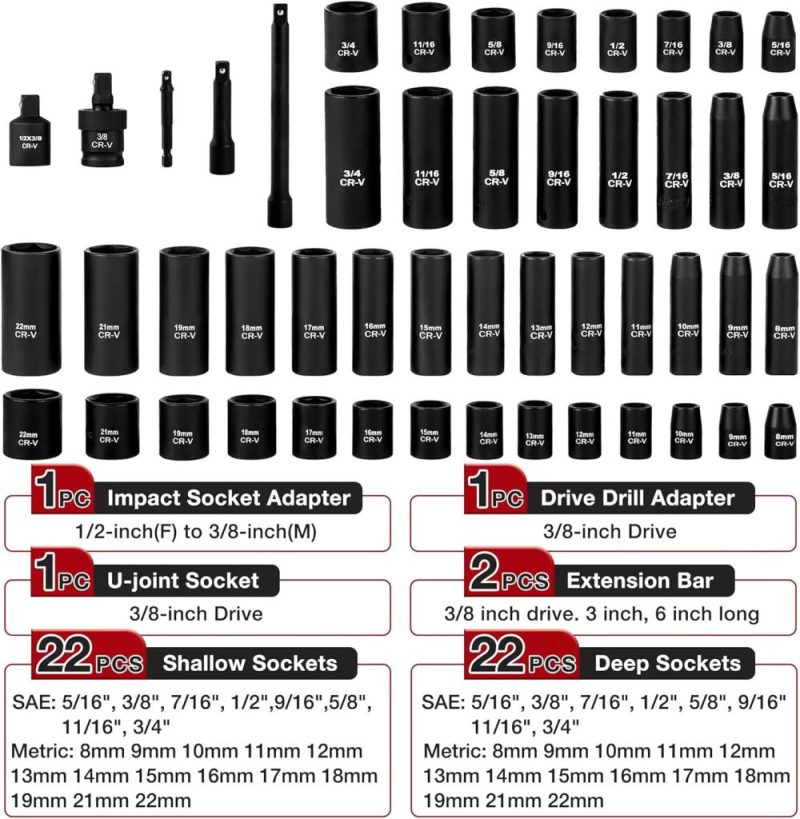 Aloanes 49 Pc Ensemble de douilles à choc 3/8 pouces, 6 points, SAE (5/16"-3/4") et métrique (8 mm-22 mm), profondes et standards, barres d’extension, adaptateur de perceuse, joint universel, réducteur 1/2" F à 3/8" M. | Couples à Douille et Jeux de Clés à Douille