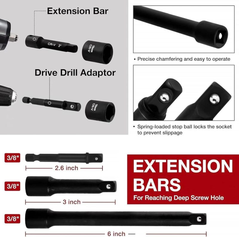 Aloanes 49 Pc Ensemble de douilles à choc 3/8 pouces, 6 points, SAE (5/16"-3/4") et métrique (8 mm-22 mm), profondes et standards, barres d’extension, adaptateur de perceuse, joint universel, réducteur 1/2" F à 3/8" M. | Couples à Douille et Jeux de Clés à Douille