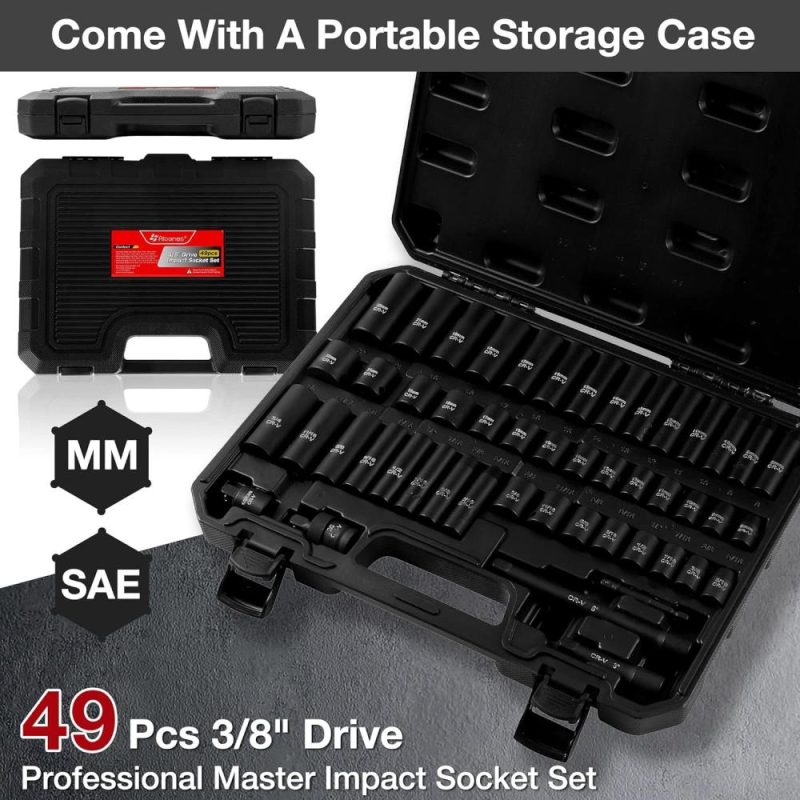 Aloanes 49 Pc Ensemble de douilles à choc 3/8 pouces, 6 points, SAE (5/16"-3/4") et métrique (8 mm-22 mm), profondes et standards, barres d’extension, adaptateur de perceuse, joint universel, réducteur 1/2" F à 3/8" M. | Couples à Douille et Jeux de Clés à Douille