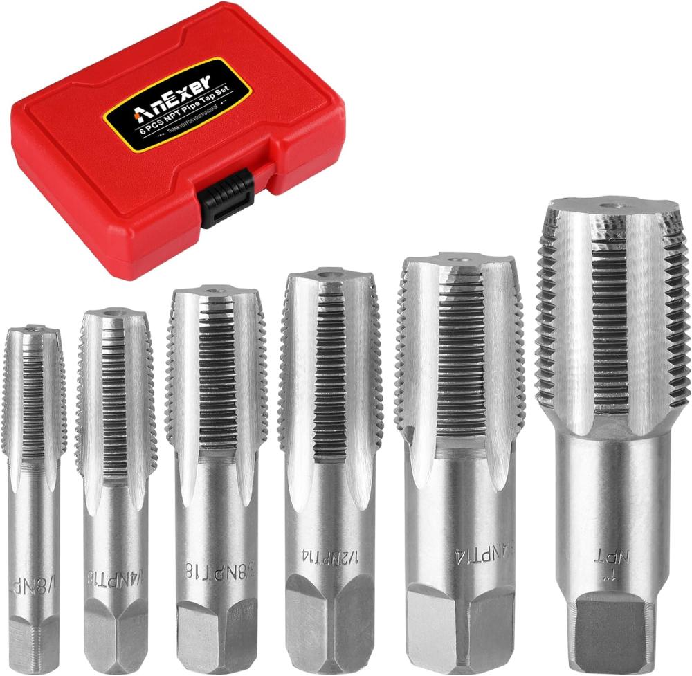 Anexer Ensemble de 6 Pcs de tarauds Npt, 1", 3/4", 1/2", 3/8", 1/4", 1/8" Ensemble de tarauds Npt, Ensemble de tarauds en acier au carbone pour le filetage manuel, Outils de coupe de filets pour plombiers et mécaniciens DIY. | Tarauds de Filetage