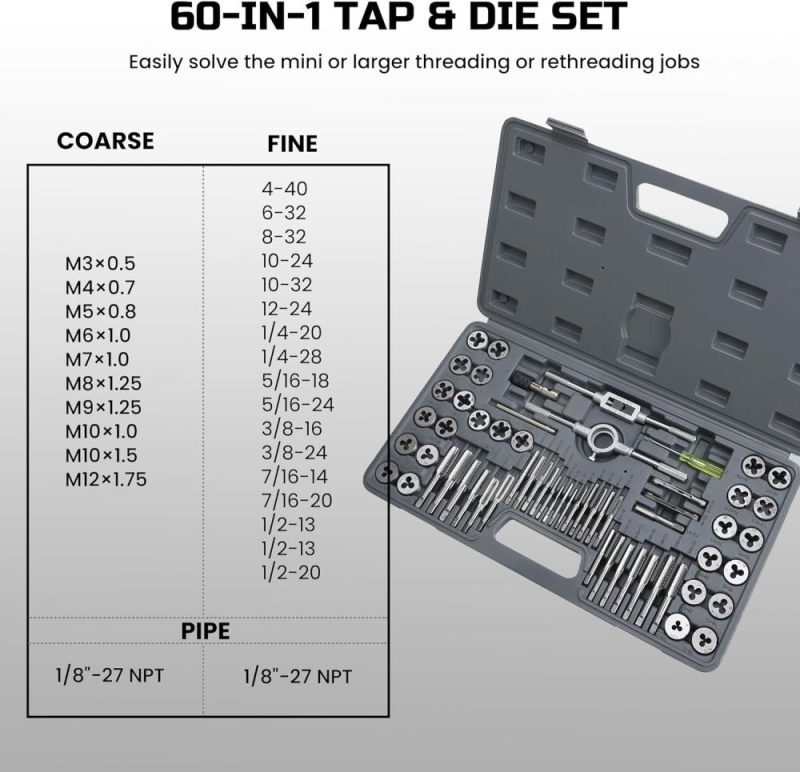 Anfrere 60Pcs Ensemble de filières et tarauds SAE et métriques, Kit d’outils de retissage standard métrique, Filets grossiers et fins pour couper des filets externes et internes, Kit d’outils de réparation essentiel avec boîte de rangement. | Sets de Tarauds et de Matrices