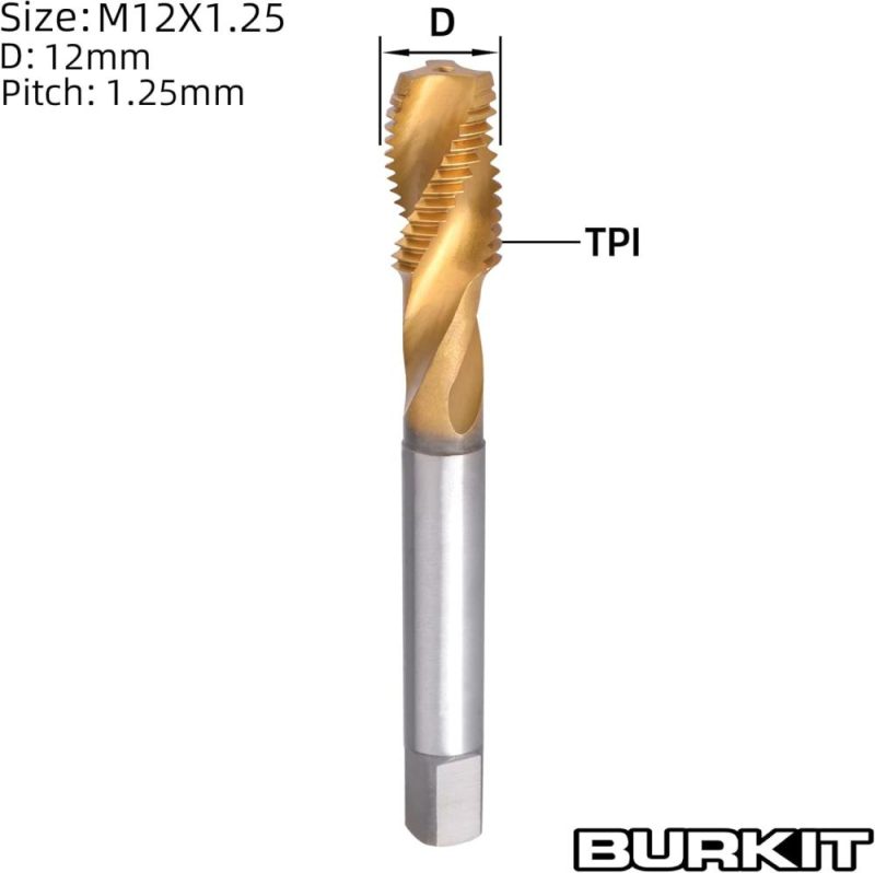 Burkit M12 X 1.25 Tarau de Filetage à Filetage Hélicoïdal, Tarau de Filetage à Fente Hélicoïdale en HSS Revêtu de Titane M12 X 1.25 | Tarauds de Filetage