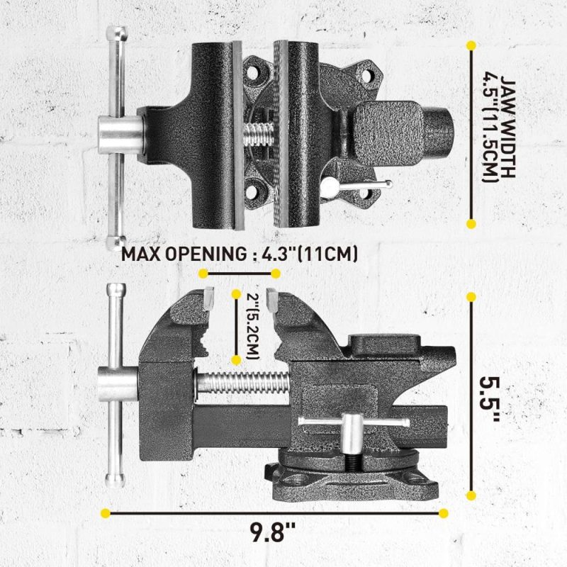 Étau 4-1/2", étau pour établi avec construction en acier forgé robuste, mâchoire à tuyau intégrée, étau à base pivotante pour le travail du bois, utilisation à domicile et travaux de bricolage. | Étaux