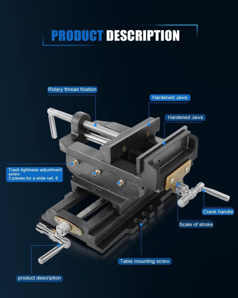 Étau à glissière croisée de 6 pouces pour perceuse à colonne, largeur de mâchoire de 6 pouces, ouverture maximale de mâchoire de 6,1 pouces, étau de montage sur banc à vis à deux voies, outil de serrage pour machine de fraisage CNC en bois. | Étaux