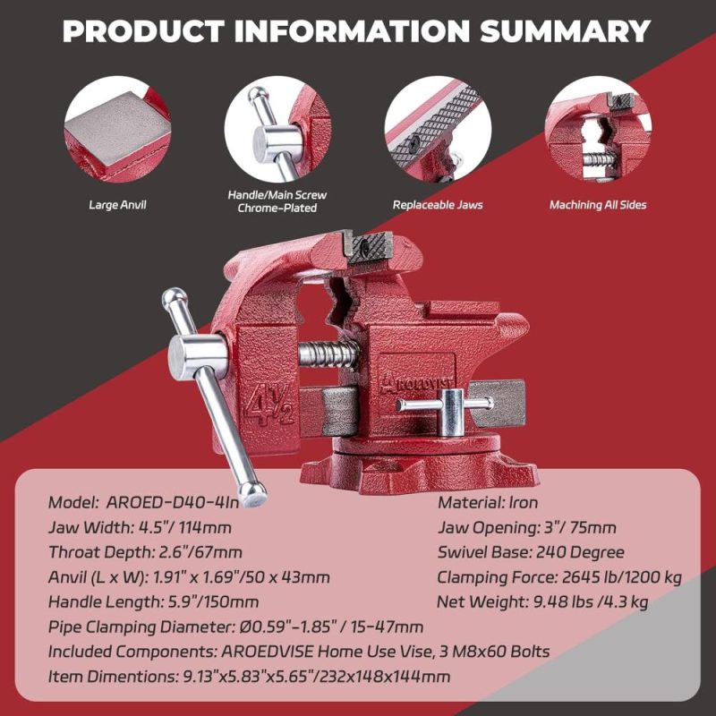 Étau de banc Étau domestique 4,5" de largeur de mâchoire avec base pivotante à 240° Étau pour bricoleur pour le travail du bois, le perçage, la coupe en fonte rouge | Étaux