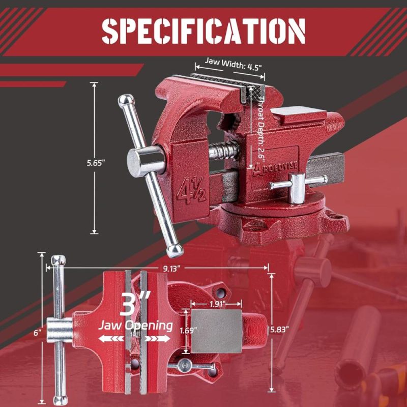 Étau de banc Étau domestique 4,5" de largeur de mâchoire avec base pivotante à 240° Étau pour bricoleur pour le travail du bois, le perçage, la coupe en fonte rouge | Étaux