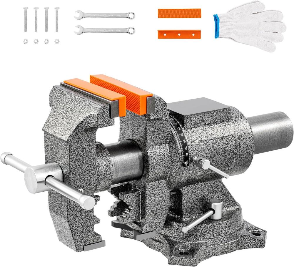 Étau de banc, largeur de mâchoire de 5 pouces, ouverture de mâchoire de 5 pouces, base pivotante à 360°, étau de travail polyvalent et robuste avec enclume et 1 paire de pads de mâchoire, force de serrage de l’étau de table de 5500 lbs. | Étaux