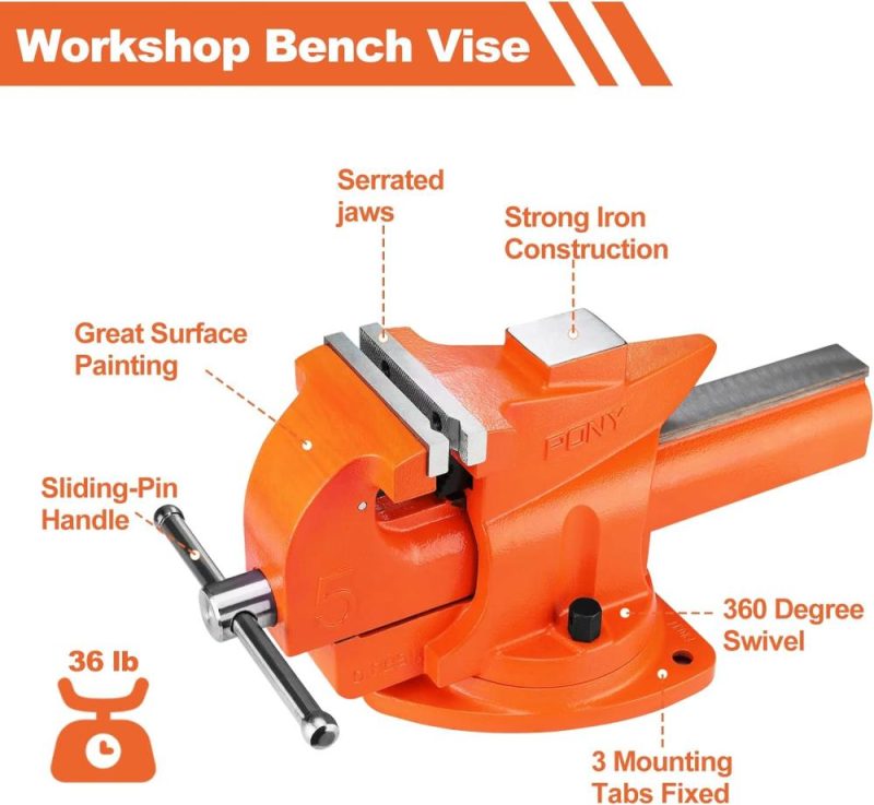 Étau de banc robuste, largeur de mâchoire de 5 pouces, ouverture de mâchoire de 7 pouces, base pivotante à 360 degrés avec enclume, étau combiné utilitaire pour la plomberie à domicile pour le travail du bois, une paire de patins de mâchoire inclus. | Étaux