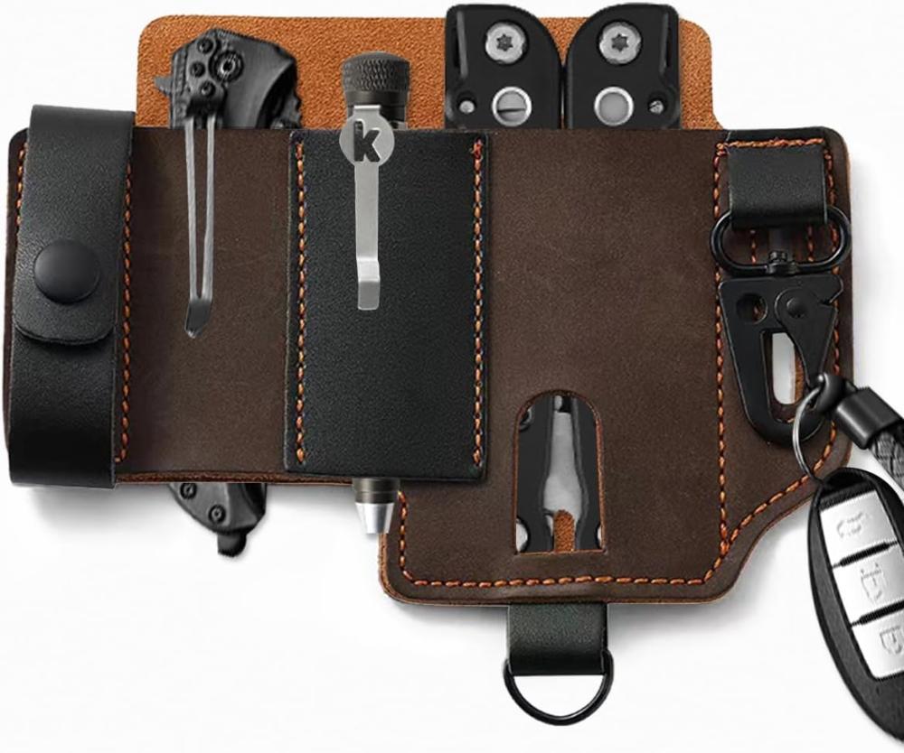 Étui de Couteau Pliant Omesio, Support de Couteau en Cuir pour Ceinture, Organisateur de Ceinture EDC pour le Travail et l’Usage Quotidien, Étui de Multitool avec Porte-Clés et Étui pour Lampe de Poche, Marron | Étuis de Couteaux