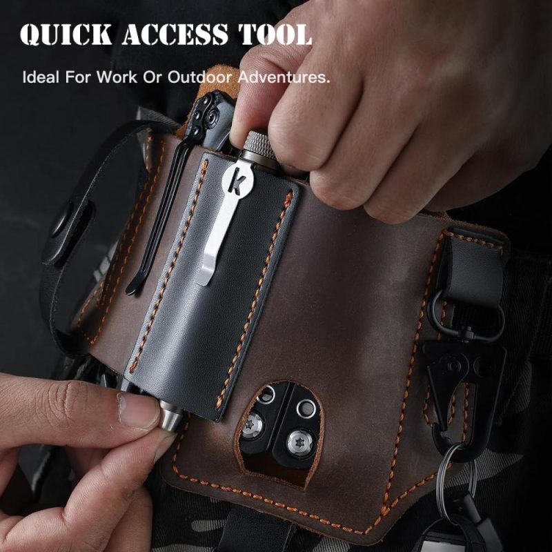 Étui de Couteau Pliant Omesio, Support de Couteau en Cuir pour Ceinture, Organisateur de Ceinture EDC pour le Travail et l’Usage Quotidien, Étui de Multitool avec Porte-Clés et Étui pour Lampe de Poche, Marron | Étuis de Couteaux