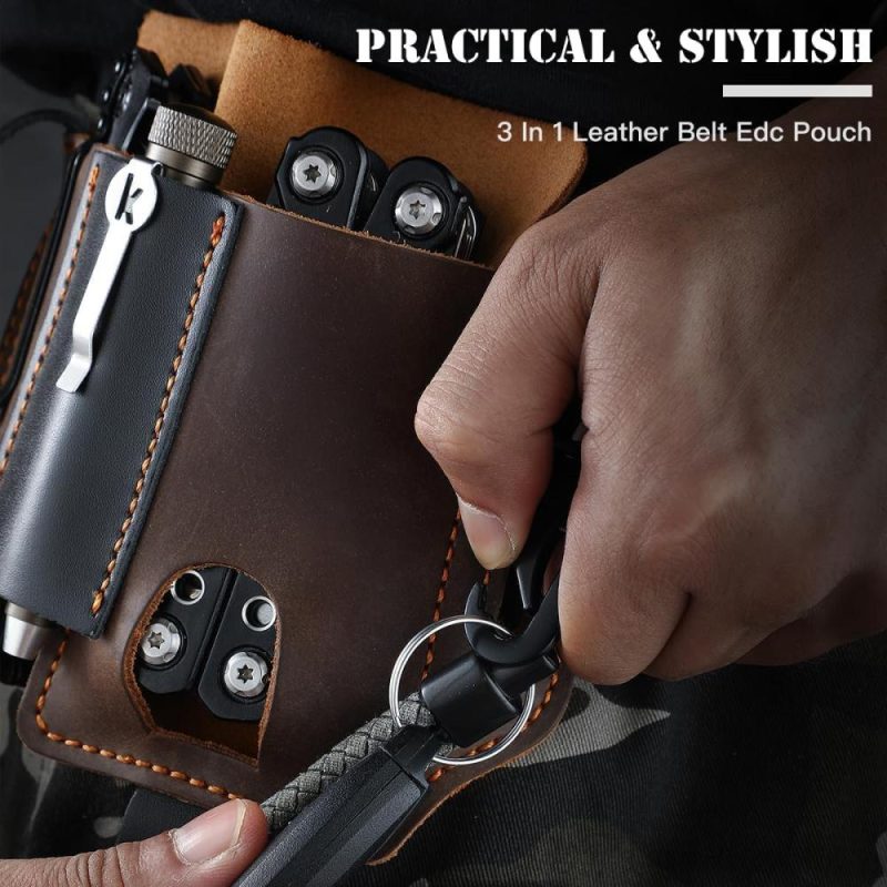 Étui de Couteau Pliant Omesio, Support de Couteau en Cuir pour Ceinture, Organisateur de Ceinture EDC pour le Travail et l’Usage Quotidien, Étui de Multitool avec Porte-Clés et Étui pour Lampe de Poche, Marron | Étuis de Couteaux