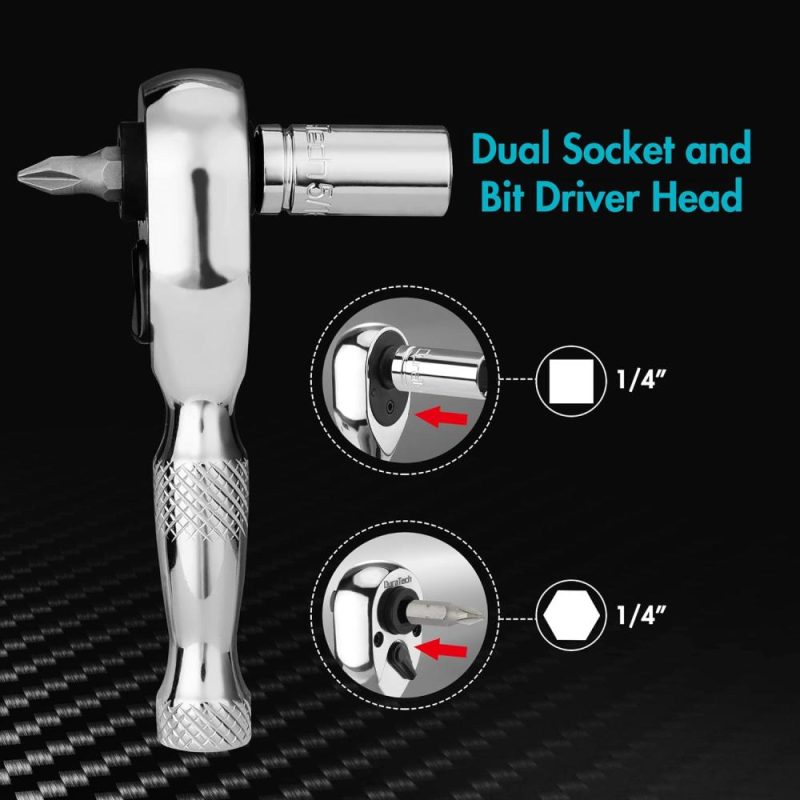 Clé à cliquet stubby de 1/4 de pouce, conducteur de douille et de bit, 72 dents, fabriquée en alliage de chrome, finition chromée. | Clé à Douille