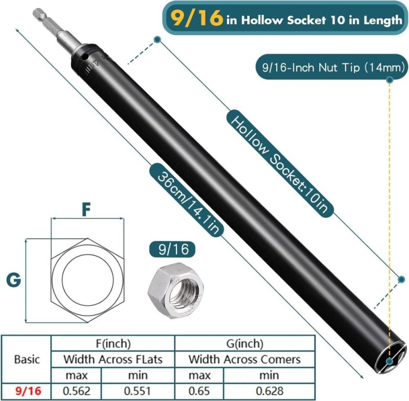 Clé à douille à écrou de 9/16" (14 mm), douille creuse pour écrou avec tige hexagonale de 1/4", adaptée aux longues vis et aux conduits, clé à douille à écrou pour applications de fixation en hauteur (10 pouces) | Tourne-écrous