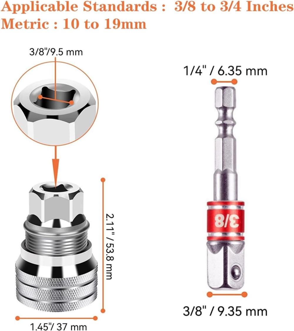 Clé à douille universelle réglable avec adaptateur, 10-19 mm, clé à cliquet 3/8 »-3/4 », douille de conduite réglable mise à jour pour clé à cliquet de couple 3/8 » et perceuse électrique. | Clé à Douille