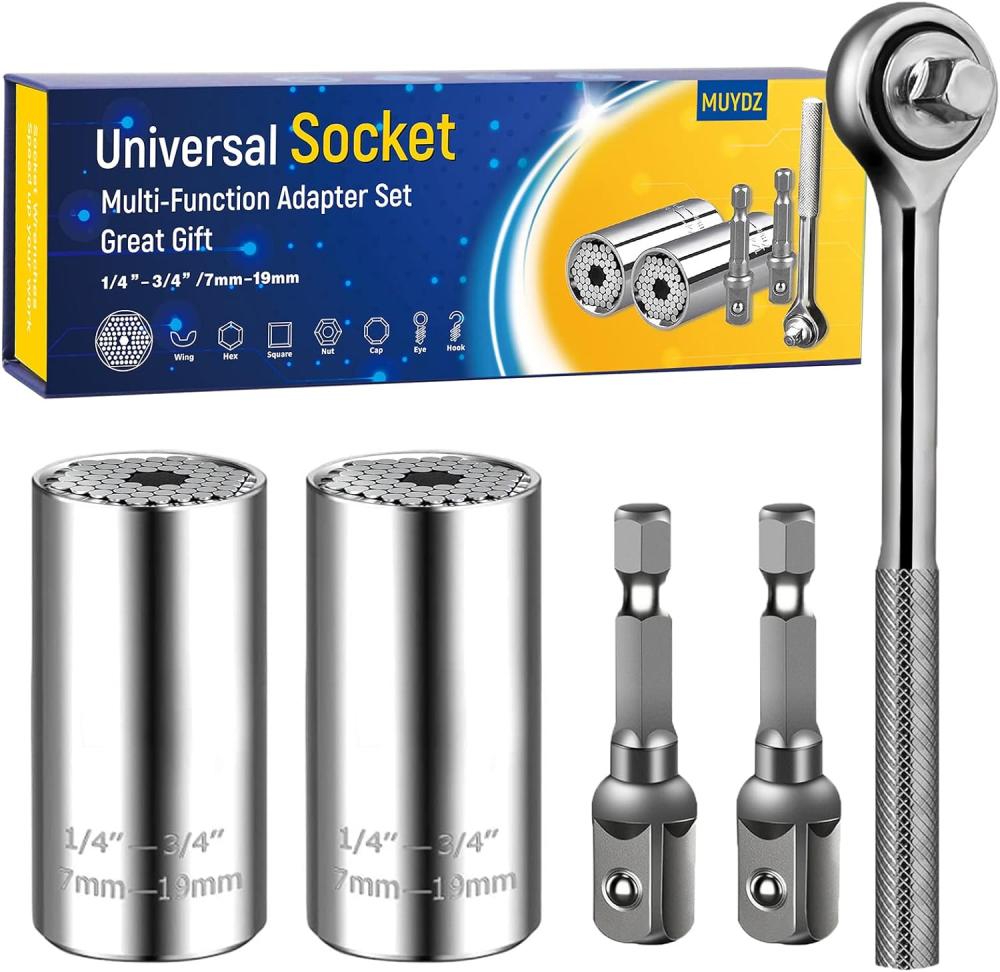 Clé à douille universelle super, outils de prise, clé à cliquet multifonction, adaptateur de mèche de perceuse 1/4"-3/4" (7 mm-19 mm) ensemble de 5 pièces, outils de réparation professionnels, cadeaux pour papa, hommes, Noël, cadeau pour les pères. | Clé à Douille