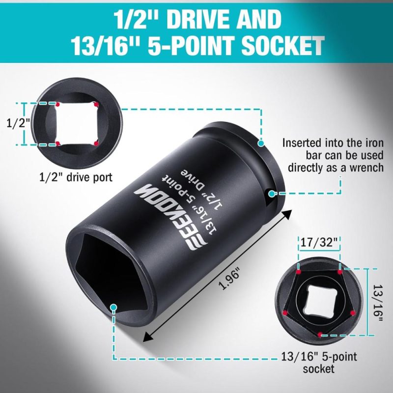 Clé à molette avec couvercle de boîte de trottoir à 5 points de prise pentagonale de 13/16", prise d’impact standard en alliage d’acier, outil à prise pentagonale pour boîtes de trottoir pentagonales (1 pièce, entraînement 1/2"). | Douilles à Entraînement Individuel