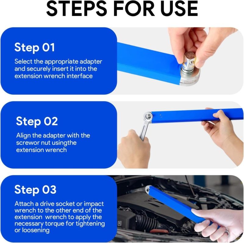 Clé à molette à rallonge décalée étroite, ensemble d’outils d’extension de clé à douille de 15 » prêt à l’impact avec adaptateurs de transmission carrés de 1/2 », 1/4 » et 3/8 » et adaptateurs de transmission de perceuse de 1/4 », conçue pour les espaces difficiles et étroits. | Clé à Douille