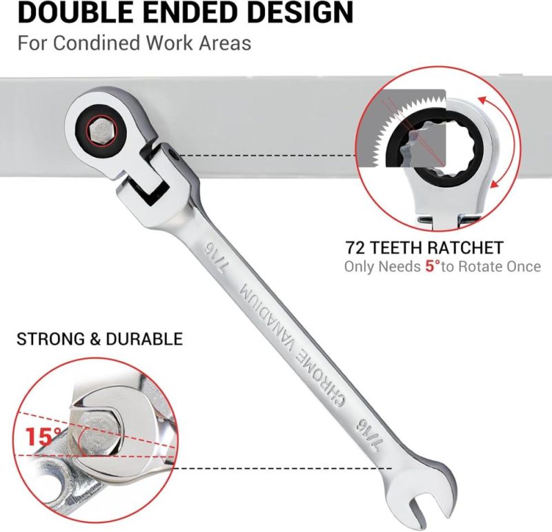 Clé à molette combinée à tête flexible Pilida 7/16 pouce, clé de qualité industrielle SAE, conception à 12 points, cliquet à 72 dents en acier Cr-V. | Combinaison de Clés