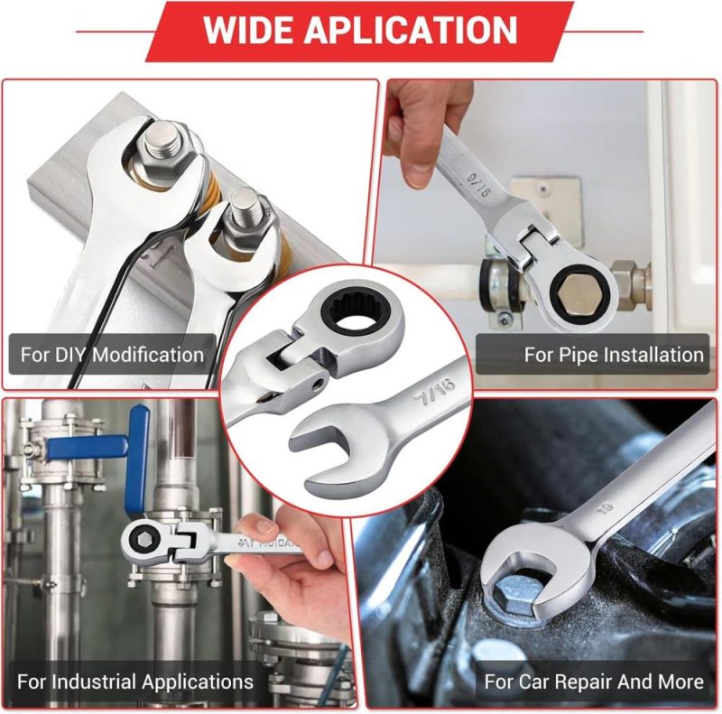 Clé à molette combinée à tête flexible Pilida 7/16 pouce, clé de qualité industrielle SAE, conception à 12 points, cliquet à 72 dents en acier Cr-V. | Combinaison de Clés