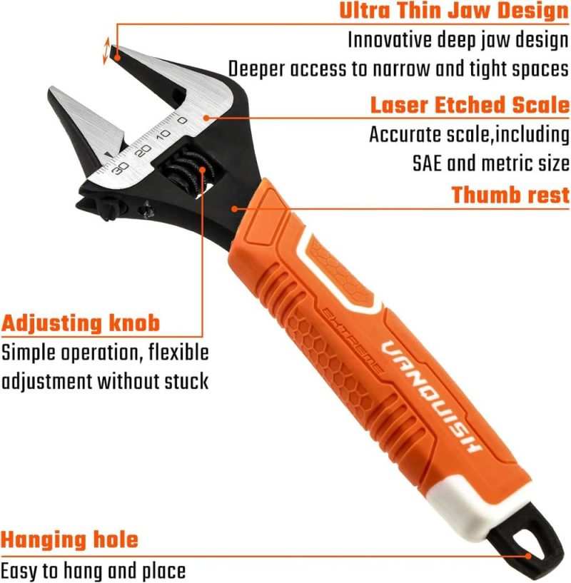 Clé à molette réglable de 8 pouces, ouverture de mâchoire large de 1-1/2", clé de plomberie en acier Cr-V, marquage en échelle SAE et métrique, avec poignée ergonomique et trou de suspension (3152) | Clé à Douille
