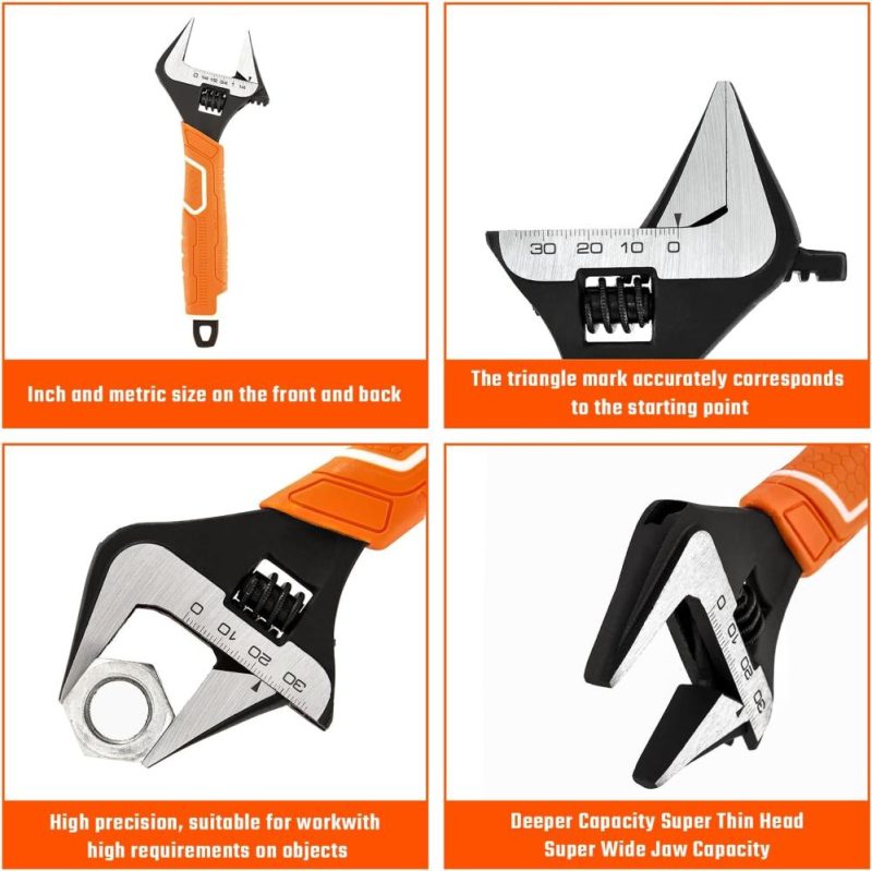 Clé à molette réglable de 8 pouces, ouverture de mâchoire large de 1-1/2", clé de plomberie en acier Cr-V, marquage en échelle SAE et métrique, avec poignée ergonomique et trou de suspension (3152) | Clé à Douille