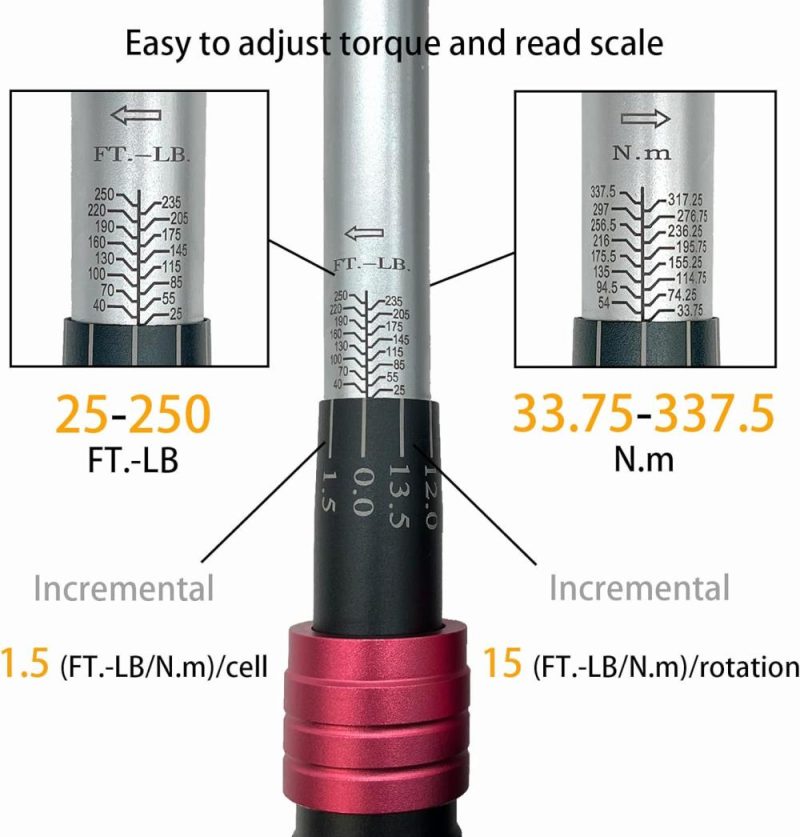 Clé dynamométrique 90 dents, 1/2 pouce, 25-250 lb-pi, 33,75-337,5 N.M, en alliage d’aluminium et Cr-Mo pour garage, voiture et moto, bougie d’allumage, roue, changement d’huile. | Clés Dynamométriques