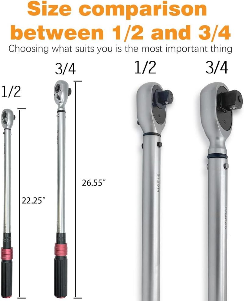 Clé dynamométrique 90 dents, 1/2 pouce, 25-250 lb-pi, 33,75-337,5 N.M, en alliage d’aluminium et Cr-Mo pour garage, voiture et moto, bougie d’allumage, roue, changement d’huile. | Clés Dynamométriques