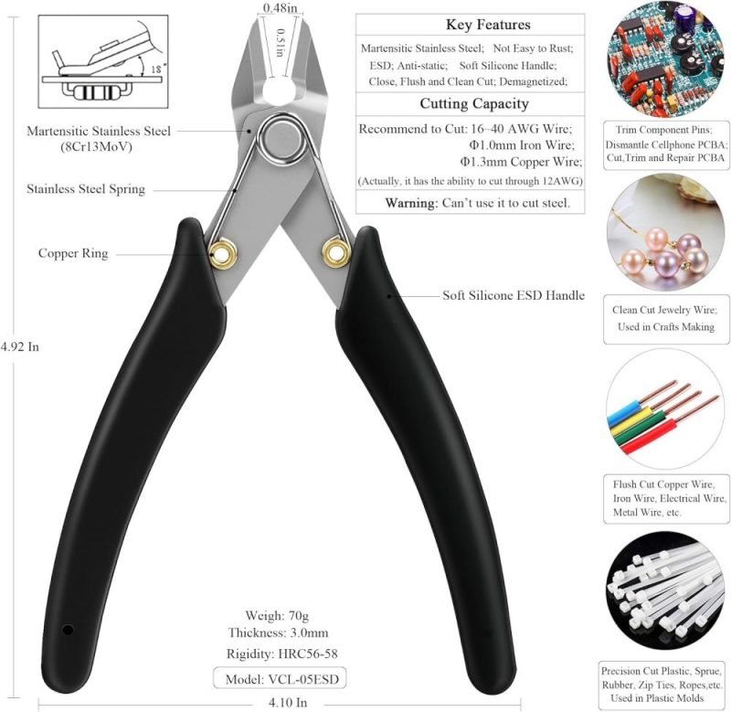 Coupe-fil, coupe-flush, micro coupe ESD, coupe-laterale en acier inoxydable, pinces à couper les sprues avec poignée en silicone souple pour couper le fil et le plastique (1 paquet) | Pince à Découper Sur le Côté