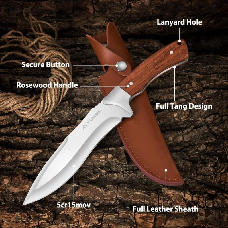 Couteau de chasse avec étui en cuir, lame fixe de 11-5/8 pouces, construction pleine soie, couteau à manche en bois ergonomique pour la survie en plein air, le camping, la randonnée, le bushcraft, cadeau pour papa, mari, hommes. | Couteaux