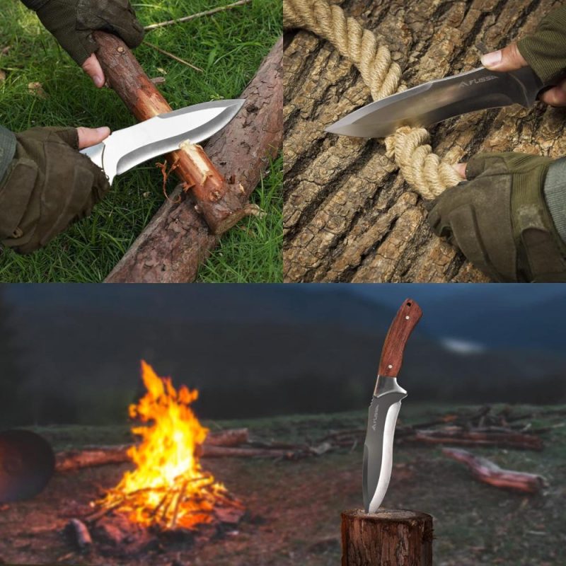 Couteau de chasse avec étui en cuir, lame fixe de 11-5/8 pouces, construction pleine soie, couteau à manche en bois ergonomique pour la survie en plein air, le camping, la randonnée, le bushcraft, cadeau pour papa, mari, hommes. | Couteaux