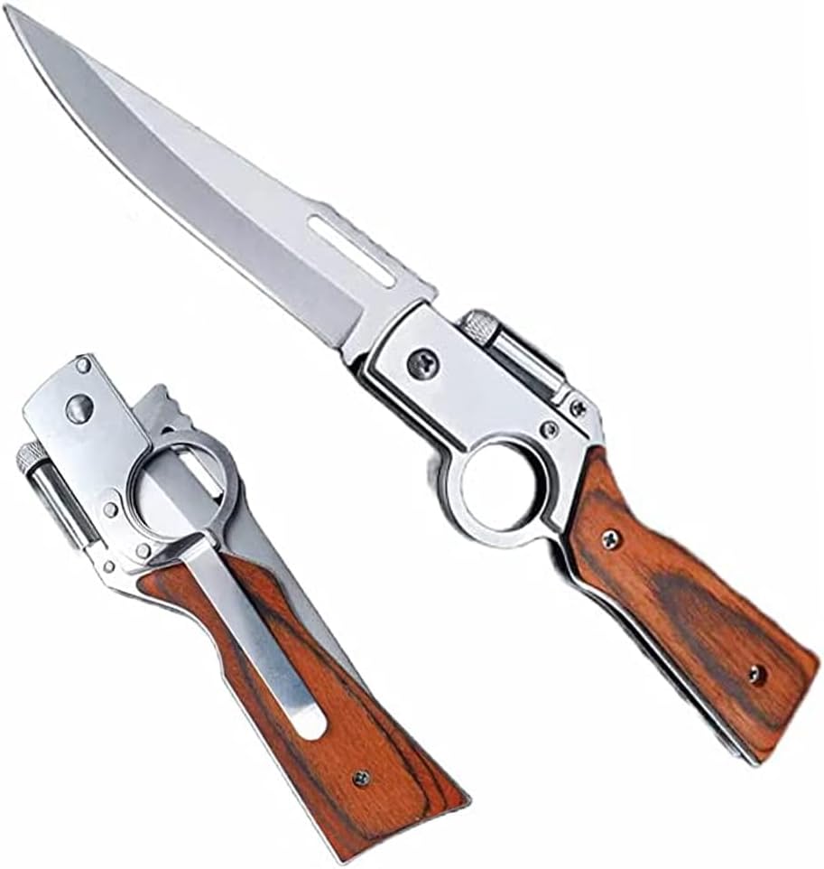 Couteau de poche AK47 Flipper, couteau de poche portable avec lampe de poche pour hommes, 21,5 cm en acier inoxydable, poignée en bois, couteaux de poche Flipper pour la randonnée, les activités en plein air, le camping, cadeau pour hommes. | Couteaux