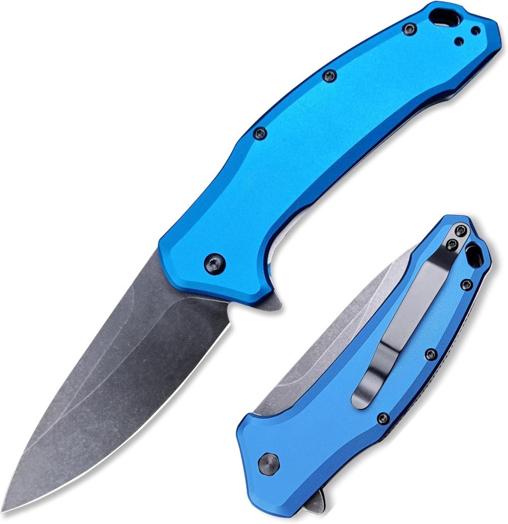 Couteau de poche bleu, lame en acier 9Cr13Mov de 3,15", poignée en aluminium T6, couteau pliant avec flipper assisté Speedsafe et clip de poche réversible, couteau EDC à verrouillage liner pour la chasse. | Couteaux