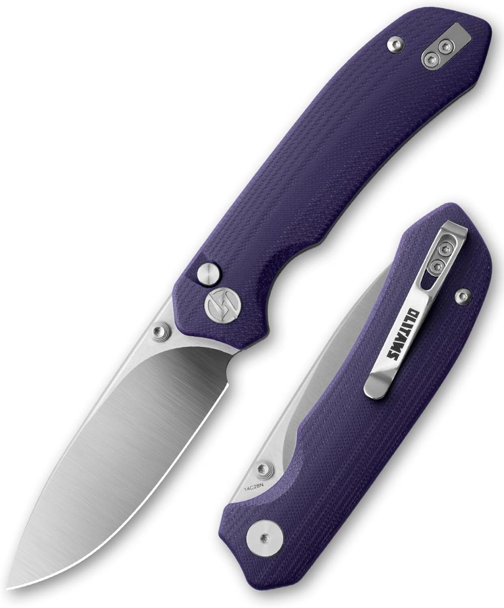 Couteau de poche à verrouillage par bouton G032, lame de 3,3" en 14C28N, couteau pliant avec ouverture par bouton pouce pour EDC 4,5 oz (G10 violet + ponçage) | Couteaux