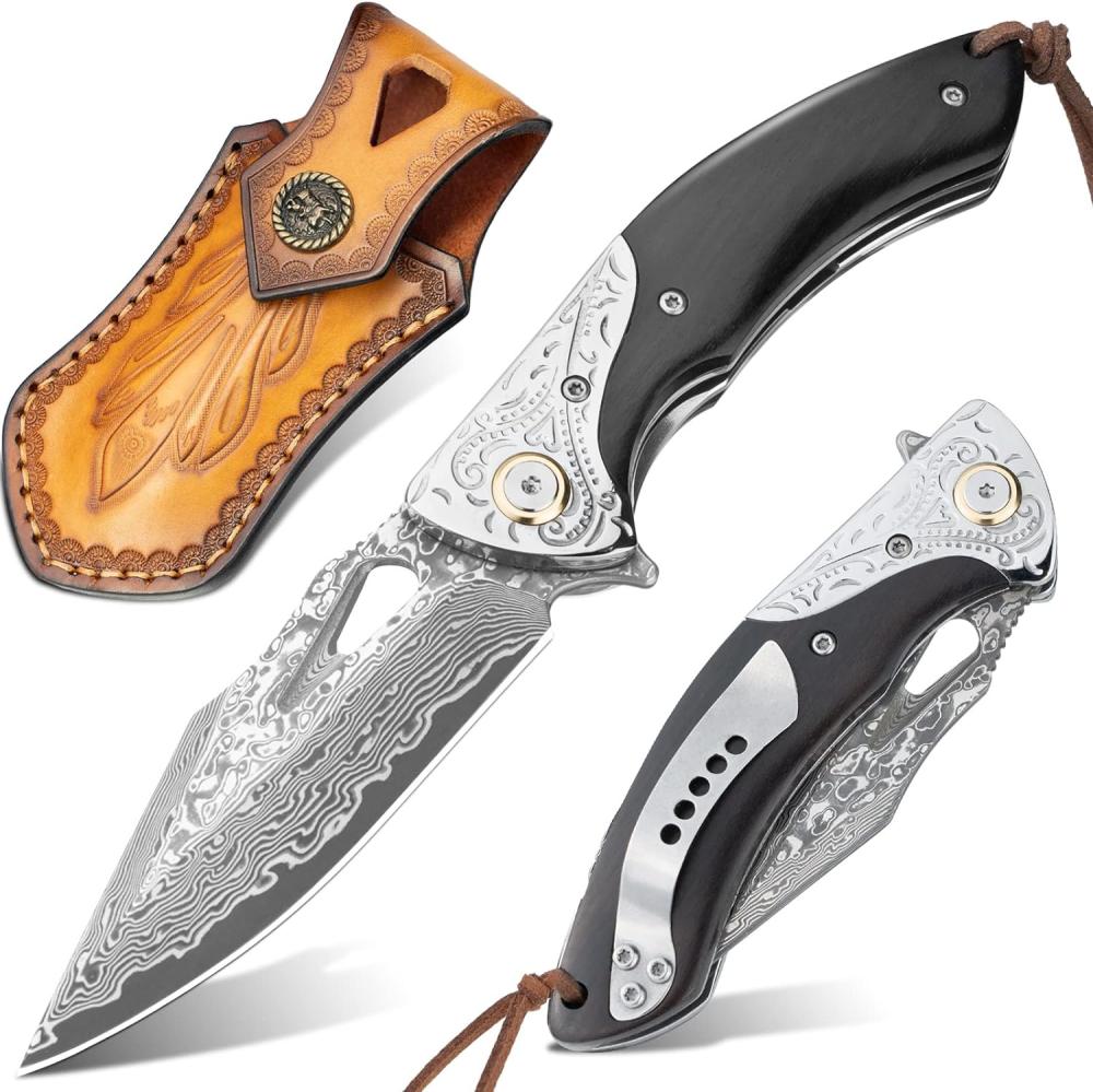 Couteau de poche Griffin Damascus pour hommes, lame en acier damassé VG10 forgée à la main de 3,5", couteau pliant avec étui en cuir rétro, manche en bois de santal, clip de poche, excellents cadeaux pour hommes | Couteaux