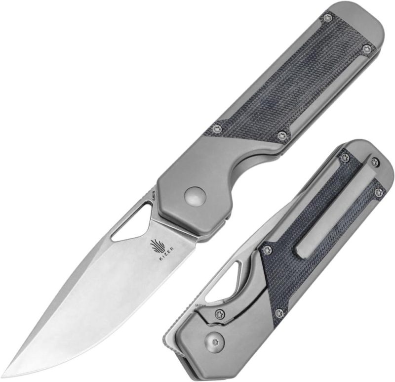 Couteau de poche Militaw 3,35 pouces lame en acier S35VN stonewashed, couteau EDC, poignée en titane + Micarta avec clip de poche 3D, Ki3634A1 | Couteaux