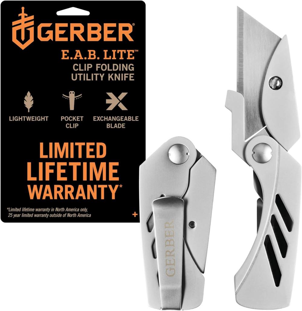 Couteau de poche utilitaire Gear Eab Lite avec lame de cutter, clip pour billets – Lame de 1,5" – Équipement et matériel EDC – Acier inoxydable | Couteaux