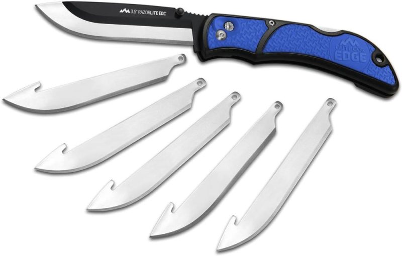 Couteau EDC Razorlite 3,5". Couteau de poche avec lames remplaçables et clip. Le couteau de chasse parfait pour dépecer les cerfs. Bleu avec 6 lames. | Lames de Couteau