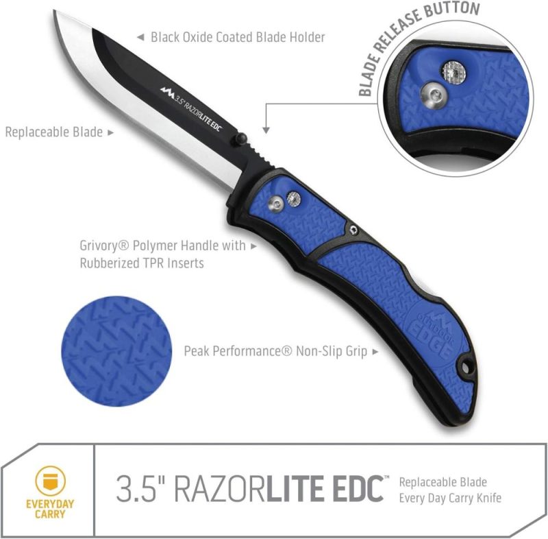 Couteau EDC Razorlite 3,5". Couteau de poche avec lames remplaçables et clip. Le couteau de chasse parfait pour dépecer les cerfs. Bleu avec 6 lames. | Lames de Couteau