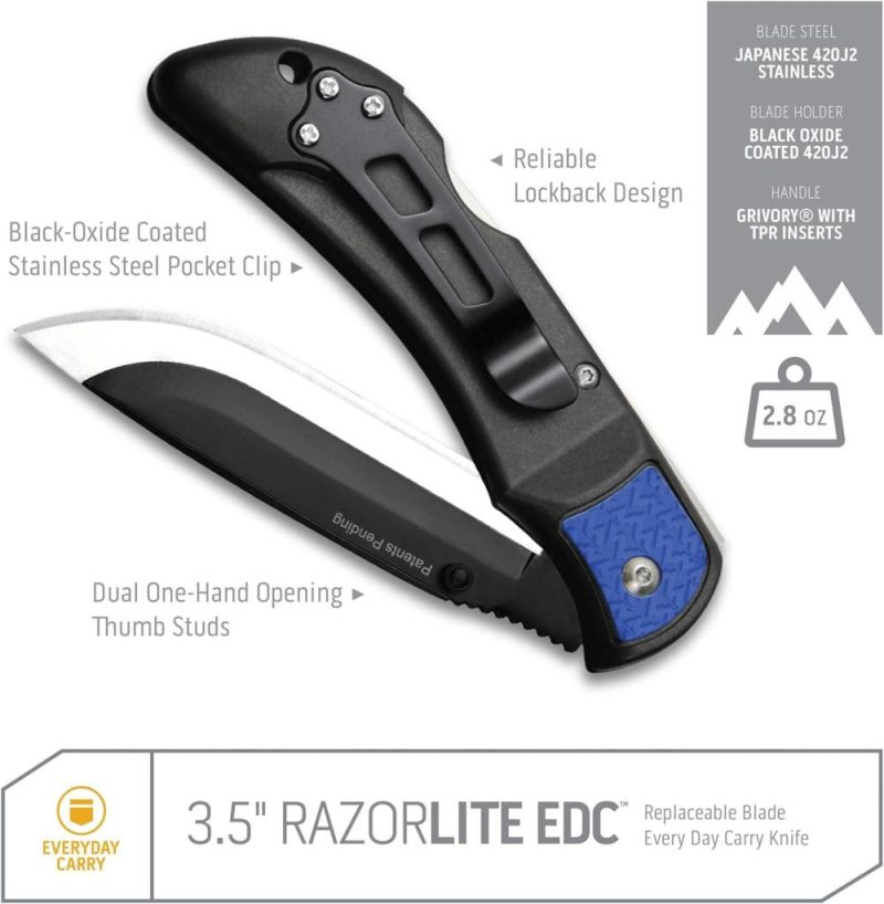 Couteau EDC Razorlite 3,5". Couteau de poche avec lames remplaçables et clip. Le couteau de chasse parfait pour dépecer les cerfs. Bleu avec 6 lames. | Lames de Couteau